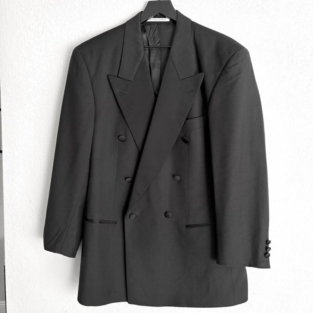 Vintage Boss Hugo Boss West Germany Double Breasted Tuxedo Jacket Size 40R Black